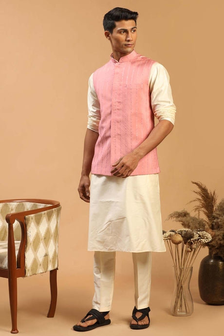 Buy Men's Cream and Pink Viscose Sequin Emboridery Kurta Pajama Jacket Set Online - Back