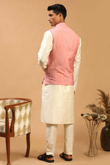 Buy Men's Cream and Pink Viscose Sequin Emboridery Kurta Pajama Jacket Set Online - Front