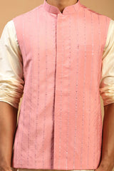 Buy Men's Cream and Pink Viscose Sequin Emboridery Kurta Pajama Jacket Set Online - Side