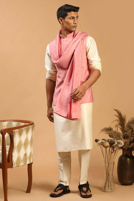 Buy Men's Cream and Pink Viscose Sequin Emboridery Kurta Pajama Jacket Set With Dupatta Online
