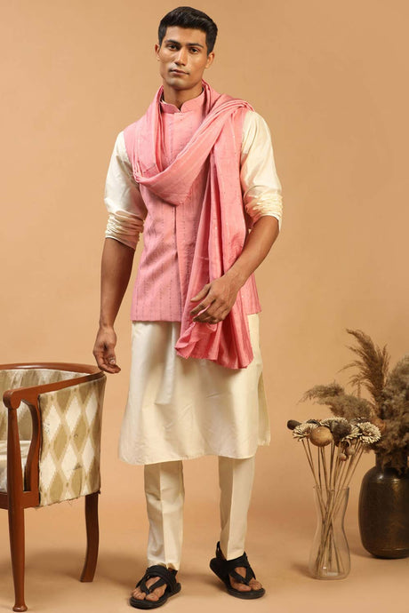 Buy Men's Cream and Pink Viscose Sequin Emboridery Kurta Pajama Jacket Set With Dupatta Online - Back