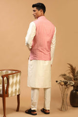 Buy Men's Cream and Pink Viscose Sequin Emboridery Kurta Pajama Jacket Set With Dupatta Online - Front