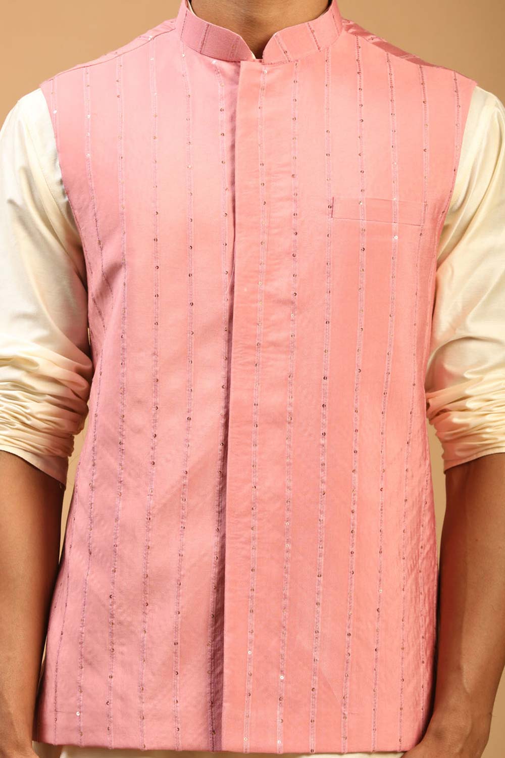 Buy Men's Cream and Pink Viscose Sequin Emboridery Kurta Pajama Jacket Set With Dupatta Online - Side