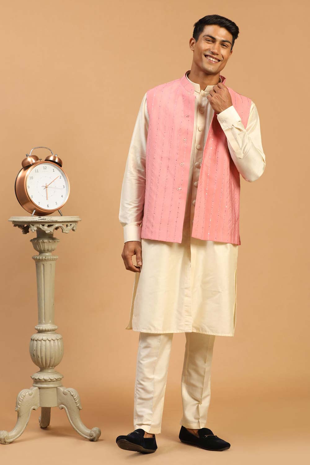 Buy Men's Pink And Cream Cotton Blend Sequin Emboridery Kurta Pajama Jacket Set Online