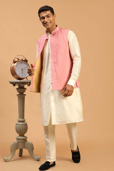 Buy Men's Pink And Cream Cotton Blend Sequin Emboridery Kurta Pajama Jacket Set Online - Back
