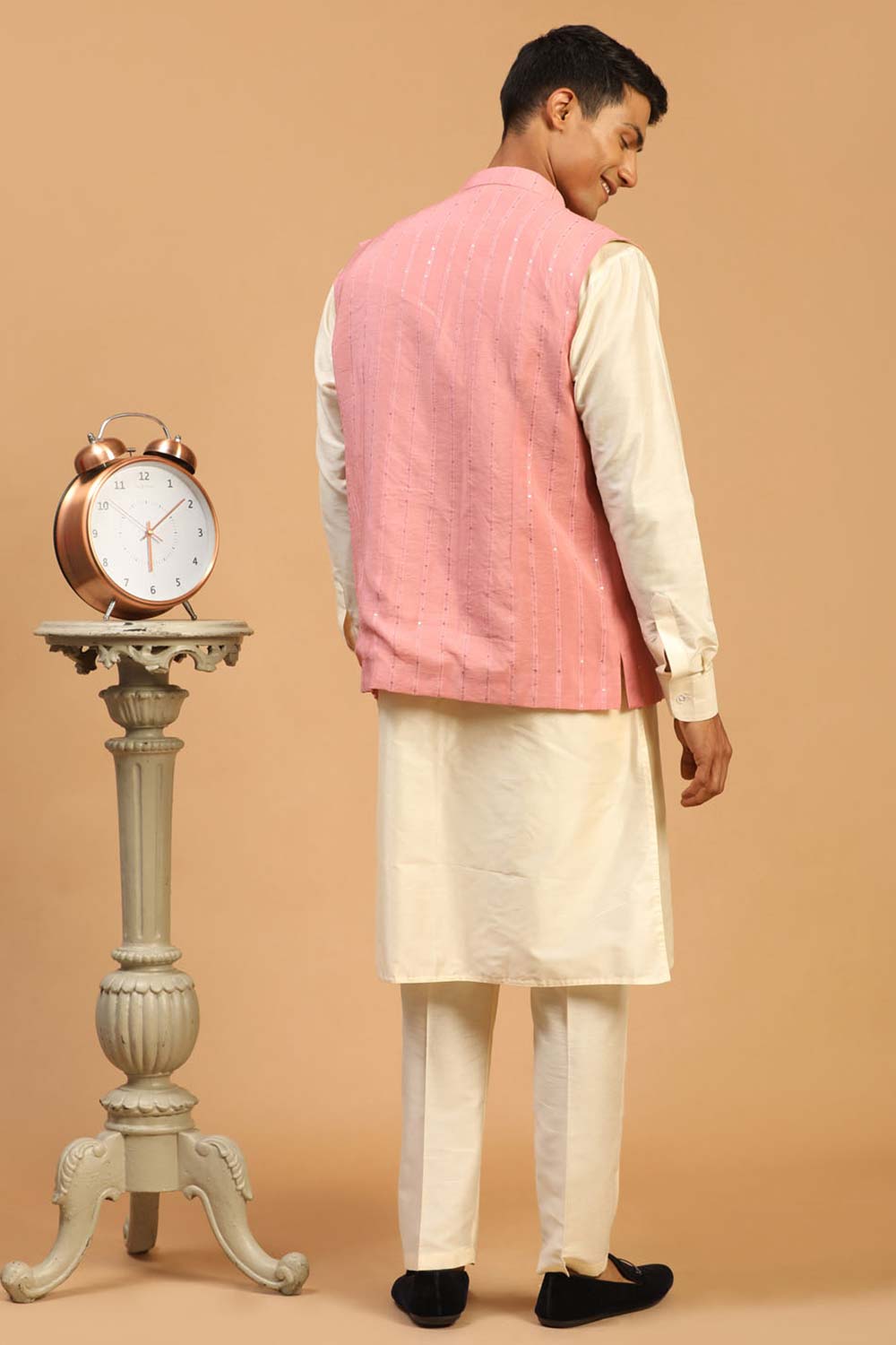 Buy Men's Pink And Cream Cotton Blend Sequin Emboridery Kurta Pajama Jacket Set Online - Front