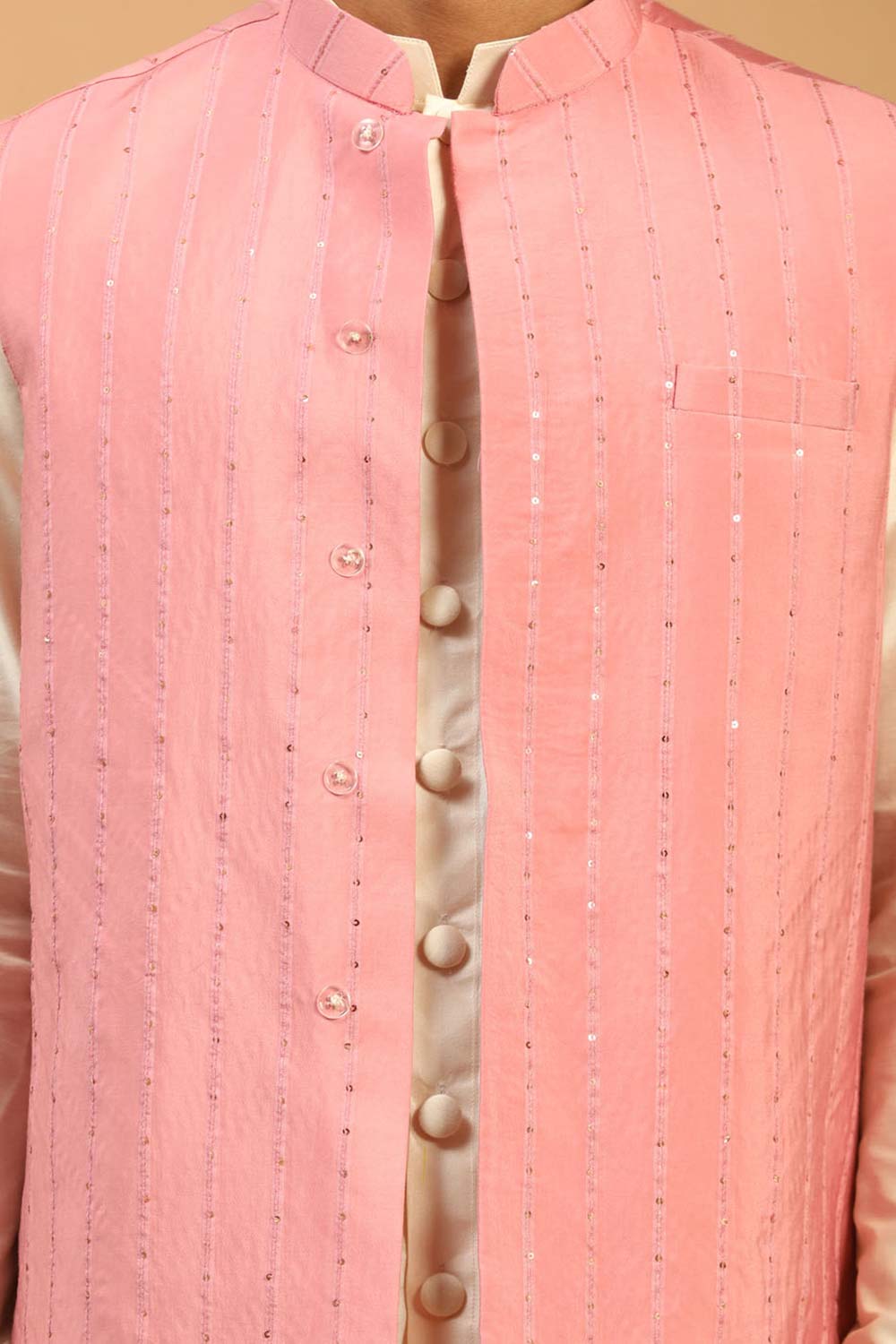 Buy Men's Pink And Cream Cotton Blend Sequin Emboridery Kurta Pajama Jacket Set Online - Side