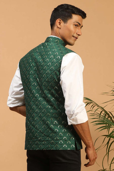 Men's Green Silk Blend Nehru Jacket