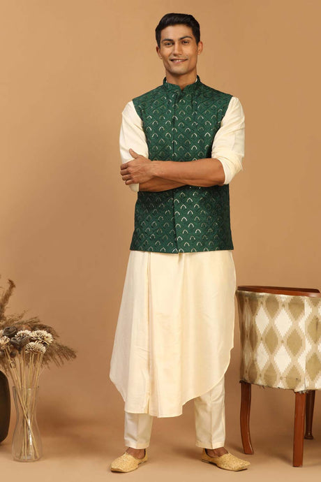 Buy Men's Cream And Green Cotton Blend Sequin And Thread Emboridery Kurta Pajama Jacket Set Online