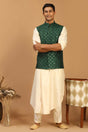 Buy Men's Cream And Green Cotton Blend Sequin And Thread Emboridery Kurta Pajama Jacket Set Online