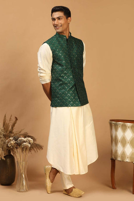 Buy Men's Cream And Green Cotton Blend Sequin And Thread Emboridery Kurta Pajama Jacket Set Online - Back