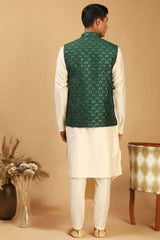 Buy Men's Cream And Green Cotton Blend Sequin And Thread Emboridery Kurta Pajama Jacket Set Online - Front