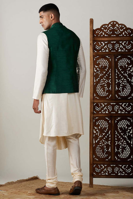 Men's Cream And Green Cotton Blend Jacket, Kurta & Pyjama