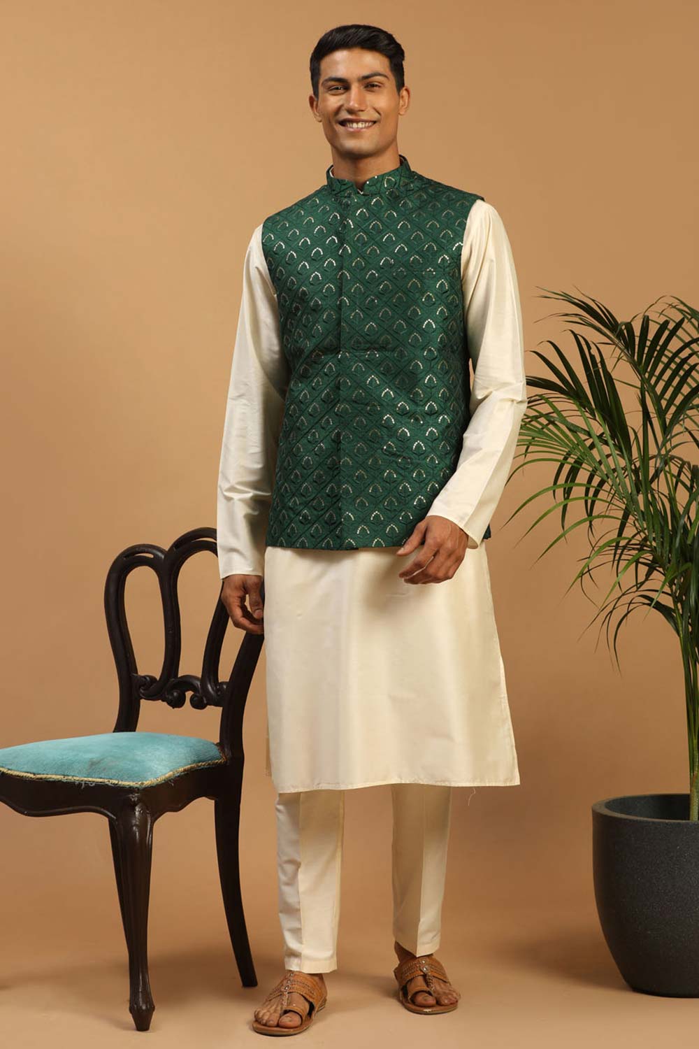 Buy Men's Cream Cotton Blend Sequin And Thread Emboridery Kurta Pajama Jacket Set Online