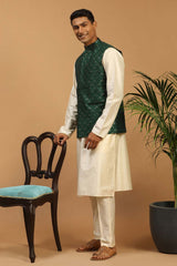 Buy Men's Cream Cotton Blend Sequin And Thread Emboridery Kurta Pajama Jacket Set Online - Back