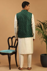 Buy Men's Cream Cotton Blend Sequin And Thread Emboridery Kurta Pajama Jacket Set Online - Front