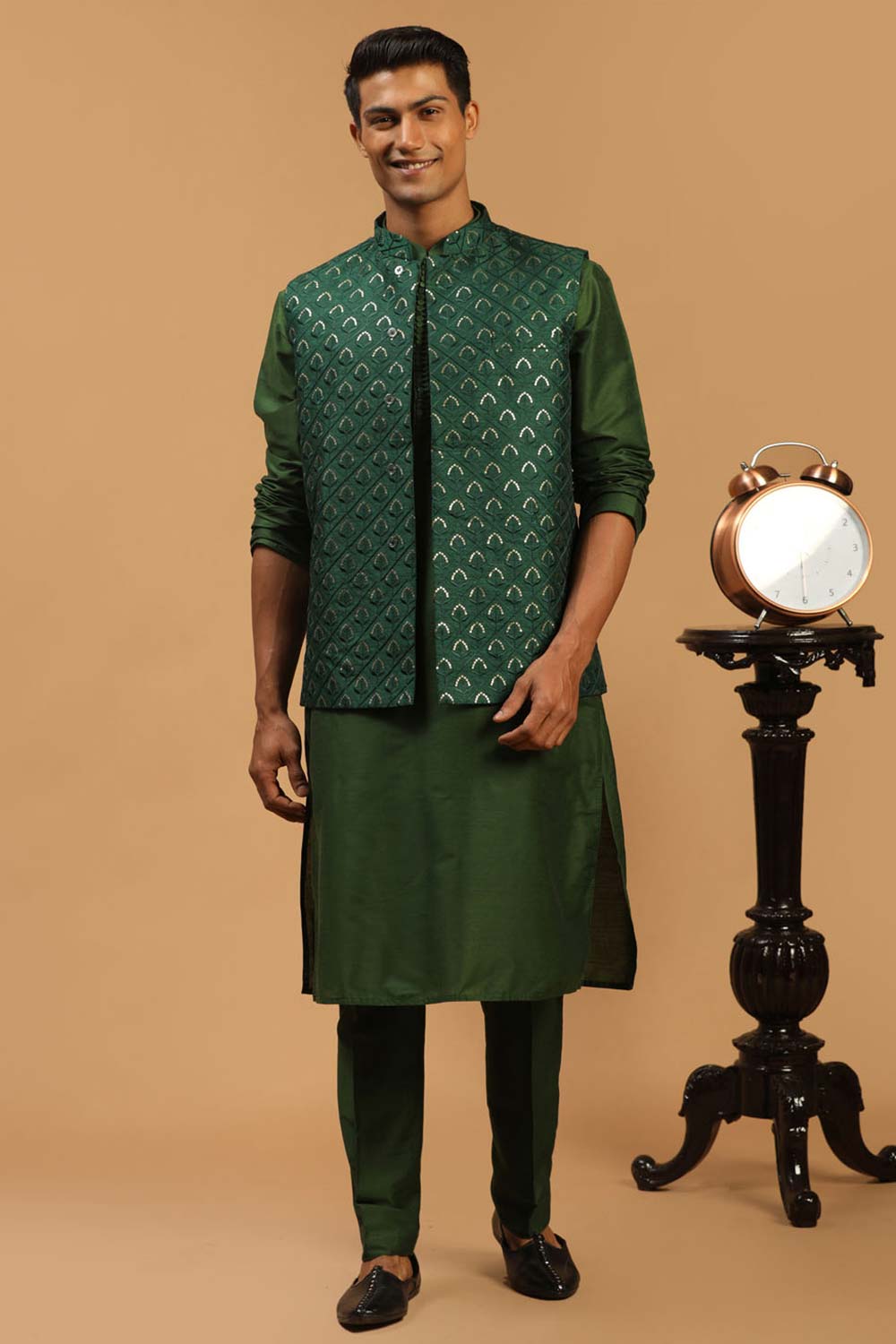 Vastramay Men s Green Silk Blend Sequin and Thread Embroidery Kurta Pajama Jacket Set 36