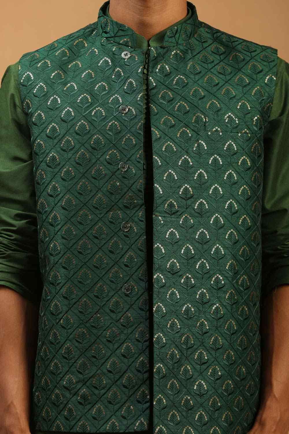 Buy Men's Green Silk Blend Sequin And Thread Emboridery Kurta Pajama Jacket Set Online - Side