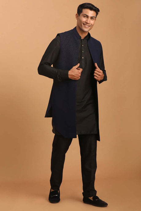 Men's Navy Blue And Black Viscose Jacket, Kurta and Pyjama Set