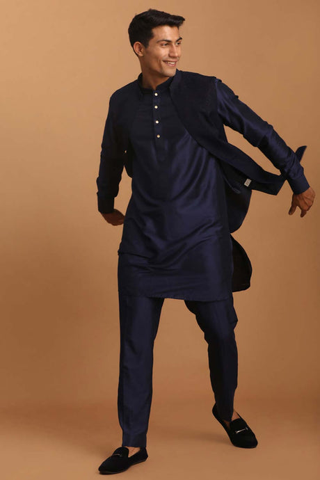 Men's Navy Blue Viscose Jacket, Kurta And Pajama Set