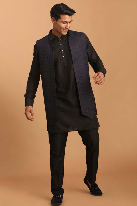 Men's Navy Blue And Black Viscose Jacket, Kurta And Pajama Set