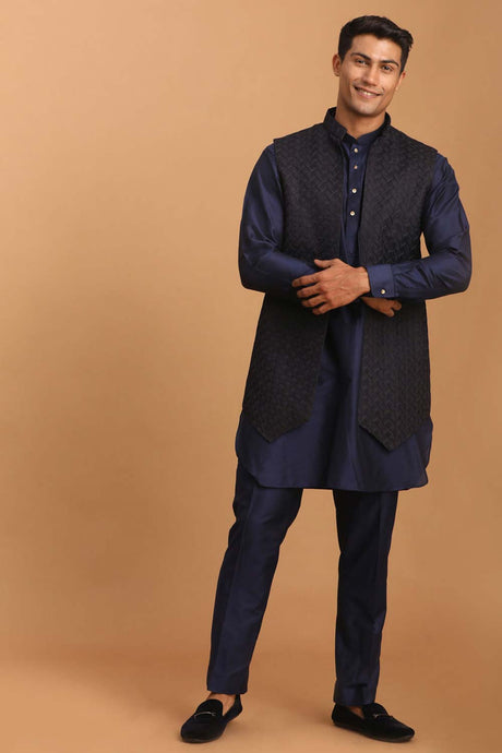 Men's Navy Blue Viscose Jacket, Kurta and Pyjama Set