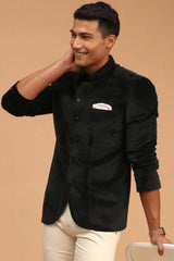 Buy Men's Black Velvet Polka Dot Print Jodhpuri Jacket Online - Back