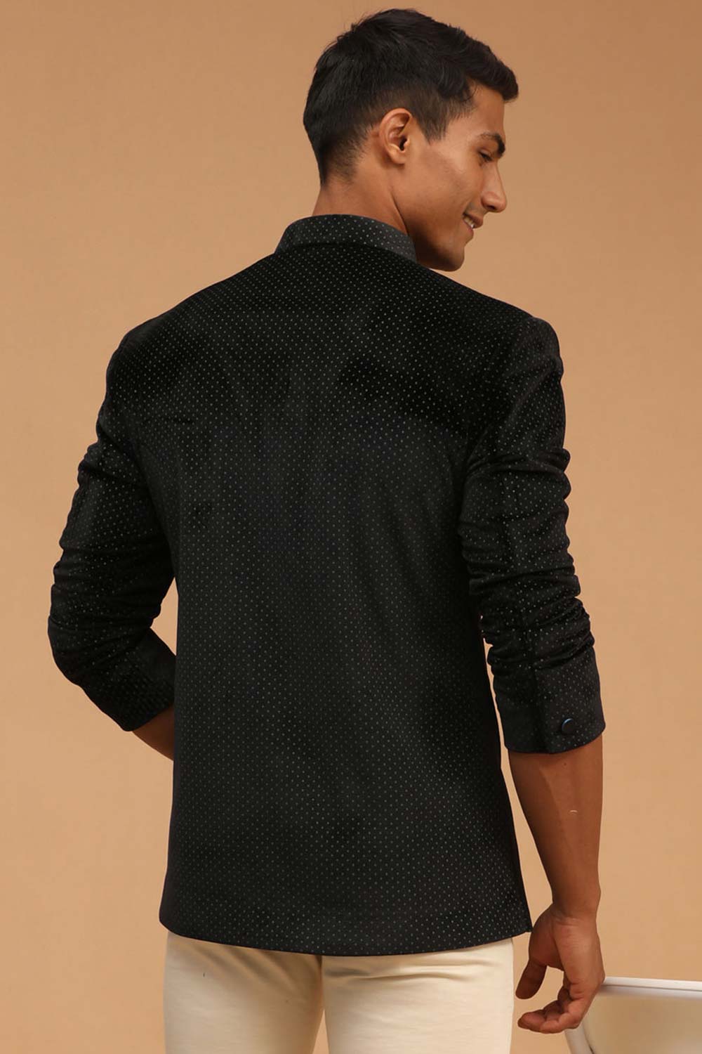 Buy Men's Black Velvet Polka Dot Print Jodhpuri Jacket Online - Front