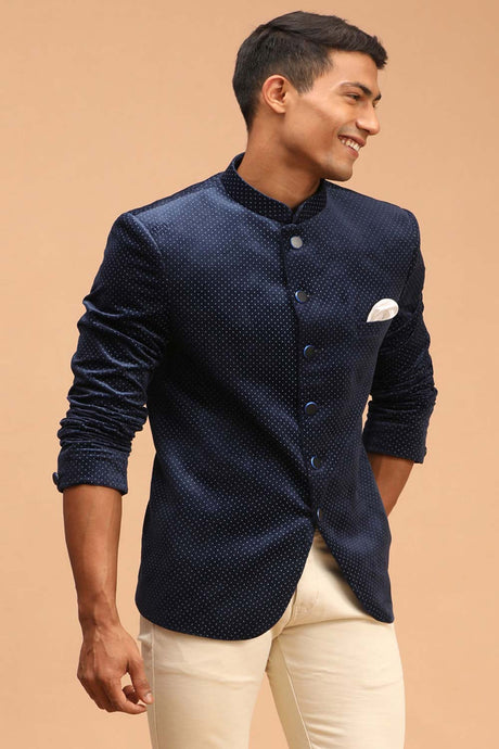 Buy Men's Blue Velvet Polka Dot Print Jodhpuri Jacket Online