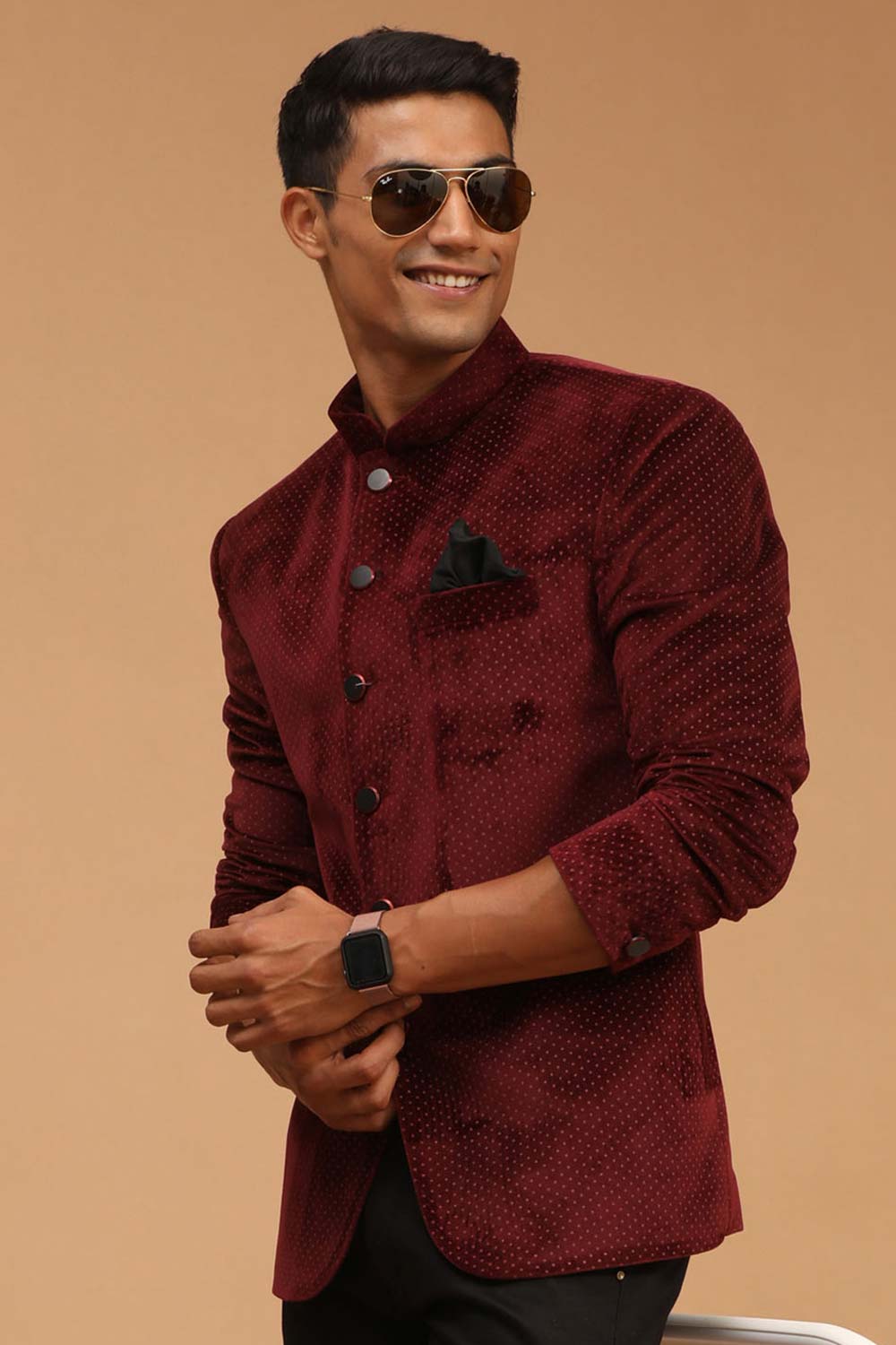 Buy Men's Maroon Velvet Polka Dot Print Jodhpuri Jacket Online