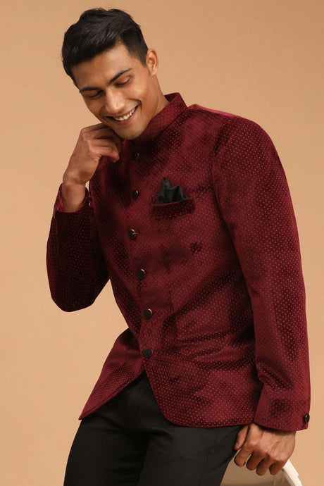 Buy Men's Maroon Velvet Polka Dot Print Jodhpuri Jacket Online - Back