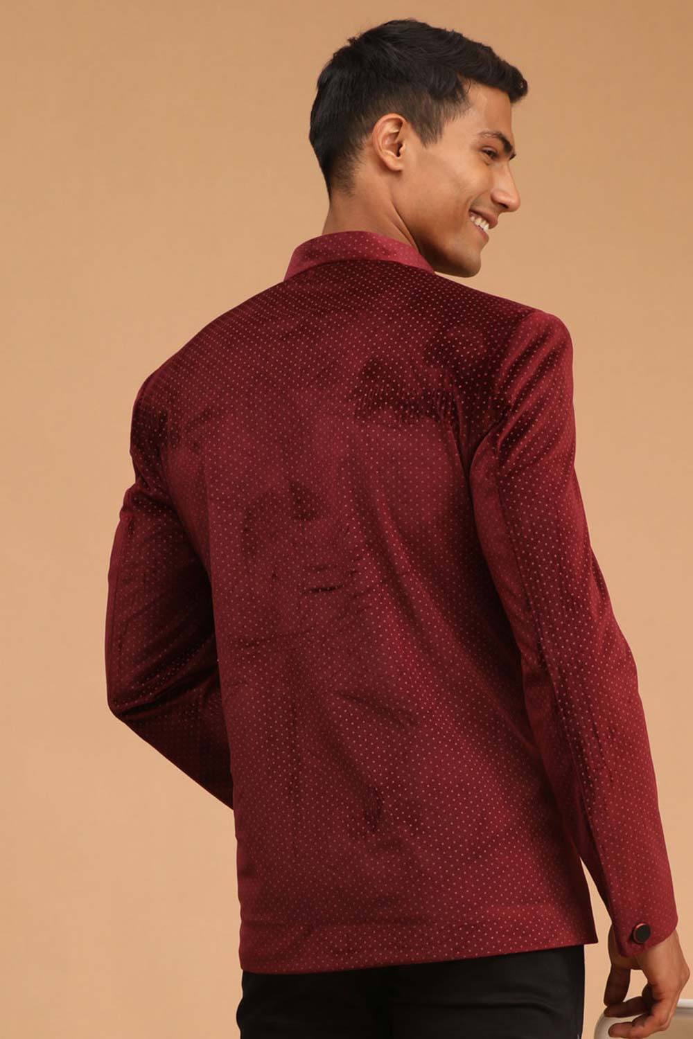 Buy Men's Maroon Velvet Polka Dot Print Jodhpuri Jacket Online - Front