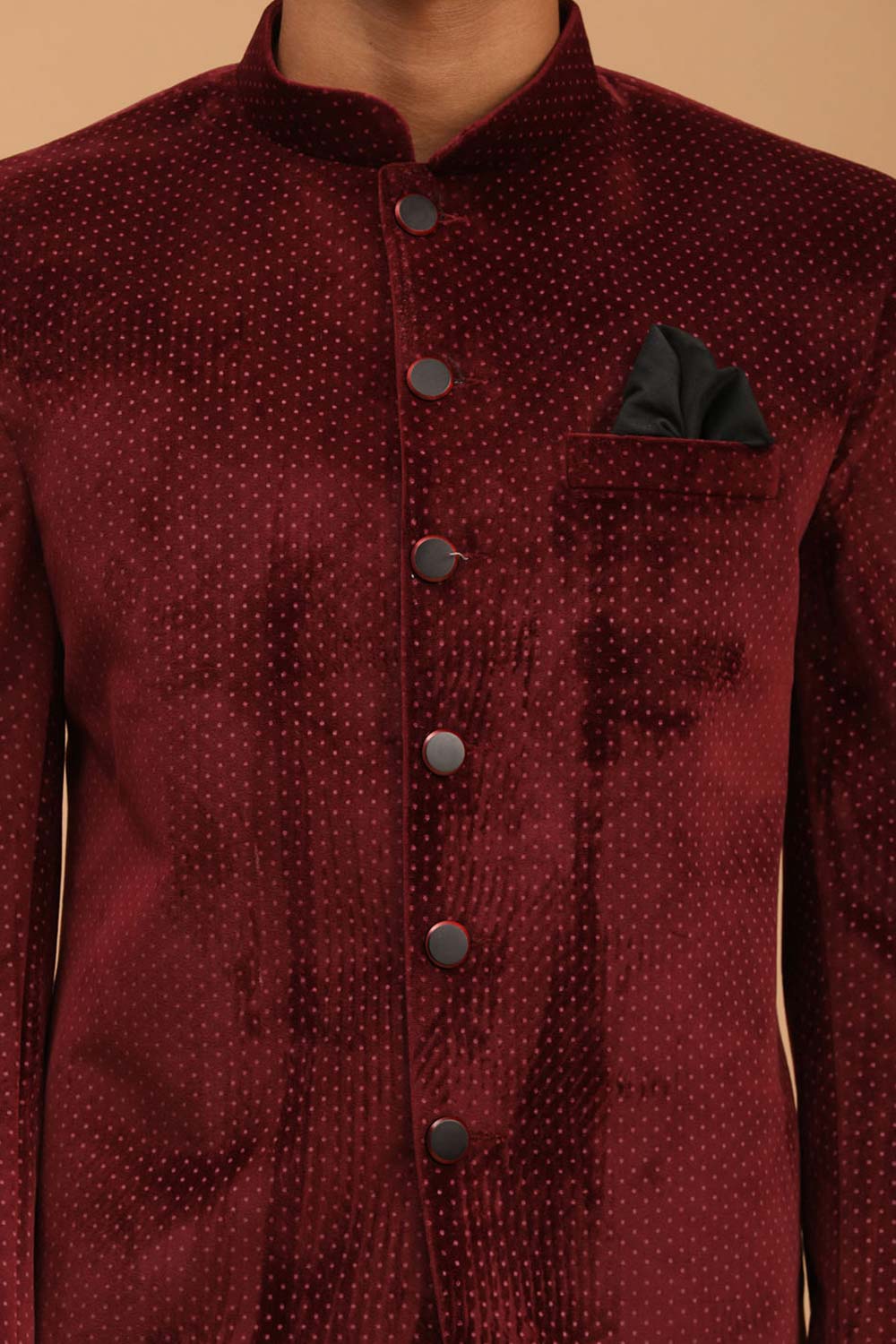 Buy Men's Maroon Velvet Polka Dot Print Jodhpuri Jacket Online - Side