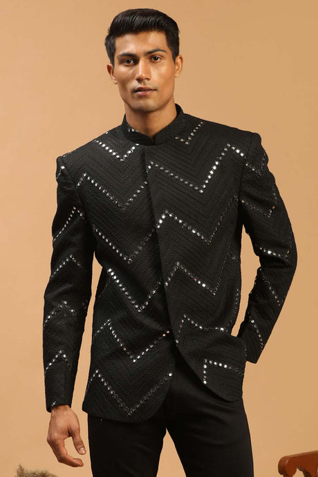 Buy Men's Black Viscose Mirror Work Embroidered Jodhpuri Jacket Online