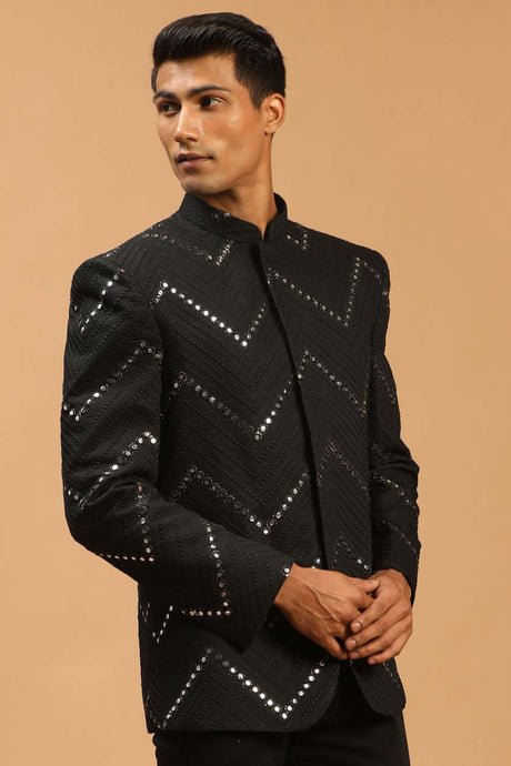 Buy Men's Black Viscose Mirror Work Embroidered Jodhpuri Jacket Online - Back