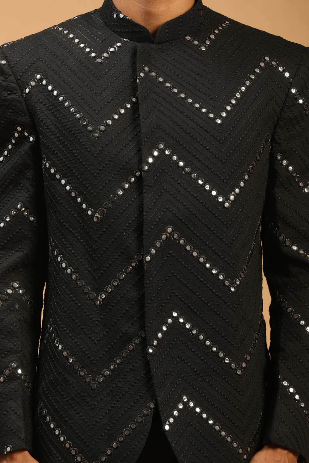 Buy Men's Black Viscose Mirror Work Embroidered Jodhpuri Jacket Online - Side