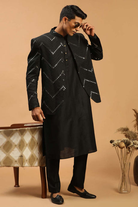 Buy Men's Black Viscose Mirror Work Embroidered Kurta Pajama Jacket Set Online