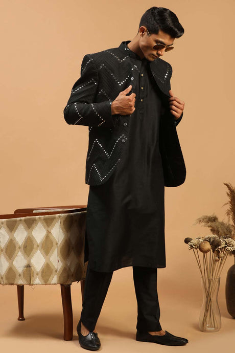 Buy Men's Black Viscose Mirror Work Embroidered Kurta Pajama Jacket Set Online - Back