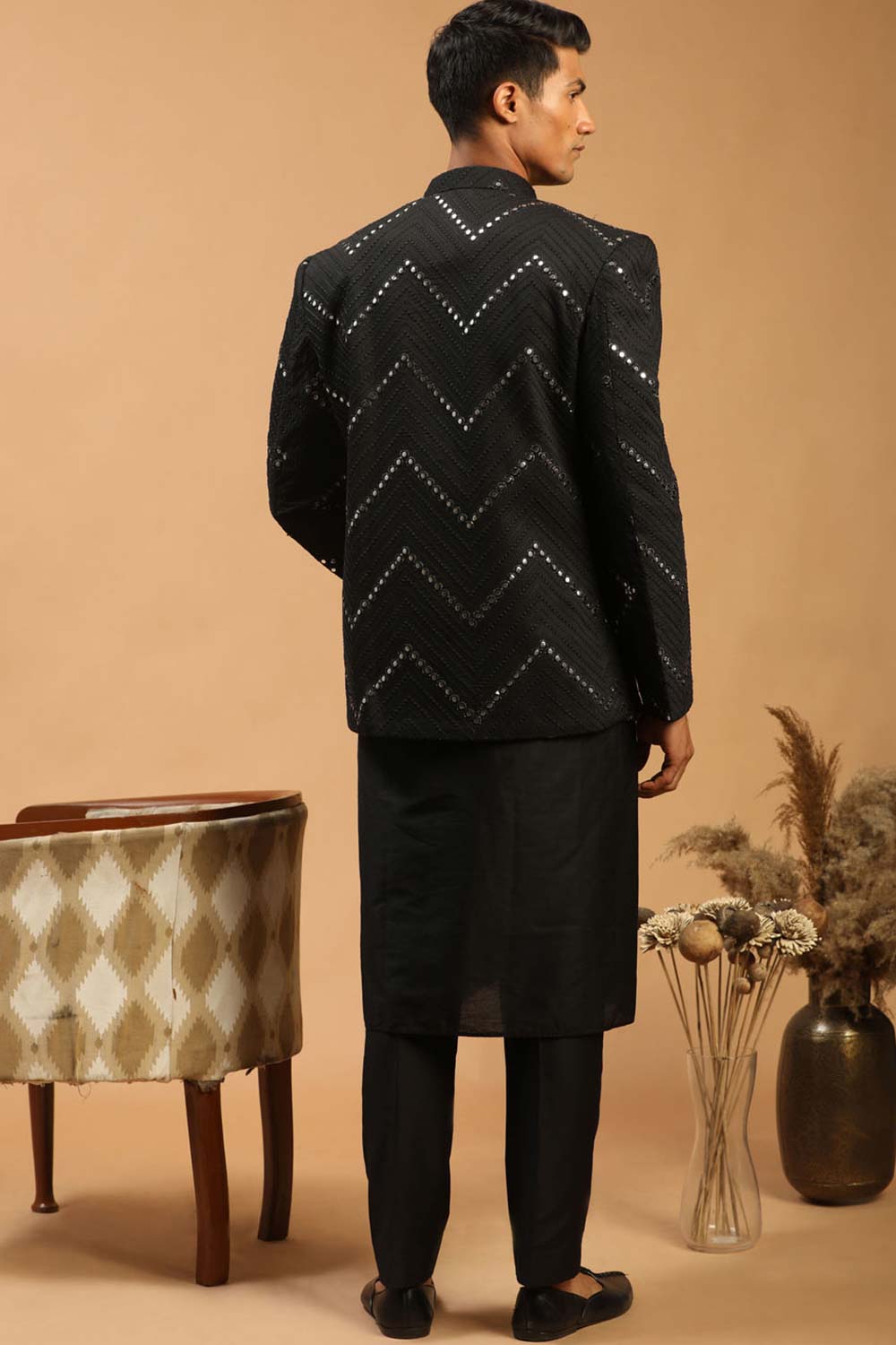 Buy Men's Black Viscose Mirror Work Embroidered Kurta Pajama Jacket Set Online - Front