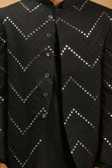 Buy Men's Black Viscose Mirror Work Embroidered Kurta Pajama Jacket Set Online - Side