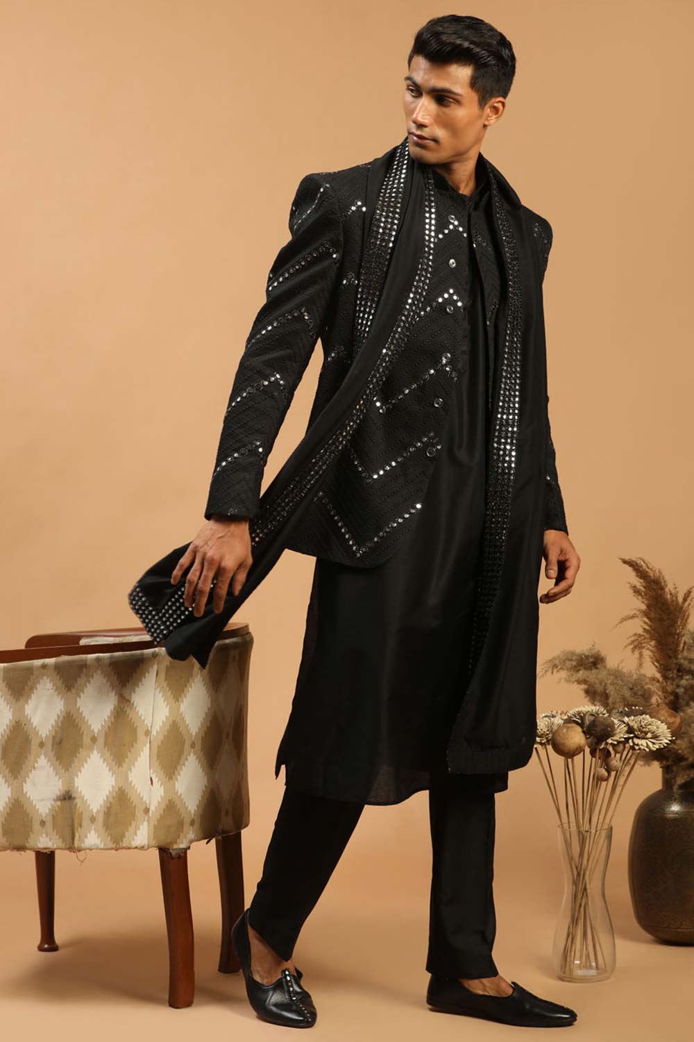 Buy Men's Black Viscose Mirror Work Embroidered Kurta Pajama Jacket Set With Dupatta Online