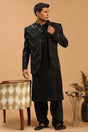 Buy Men's Black Viscose Mirror Work Embroidered Kurta Pajama Jacket Set Online