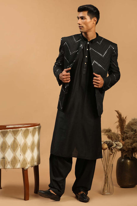 Buy Men's Black Viscose Mirror Work Embroidered Kurta Pajama Jacket Set Online - Back