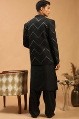 Buy Men's Black Viscose Mirror Work Embroidered Kurta Pajama Jacket Set Online - Front