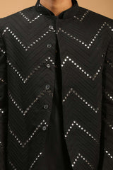 Buy Men's Black Viscose Mirror Work Embroidered Kurta Pajama Jacket Set Online - Side