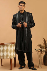 Buy Men's Black Viscose Mirror Work Embroidered Kurta Pajama Jacket Set With Dupatta Online