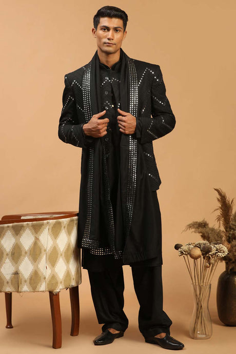 Buy Men's Black Viscose Mirror Work Embroidered Kurta Pajama Jacket Set With Dupatta Online