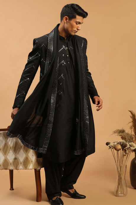 Buy Men's Black Viscose Mirror Work Embroidered Kurta Pajama Jacket Set With Dupatta Online - Back