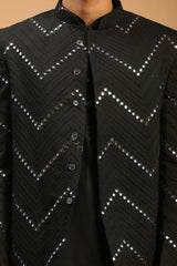 Buy Men's Black Viscose Mirror Work Embroidered Kurta Pajama Jacket Set With Dupatta Online - Side