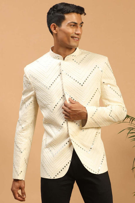 Buy Men's Cream Viscose Mirror Work Embroidered Jodhpuri Jacket Online